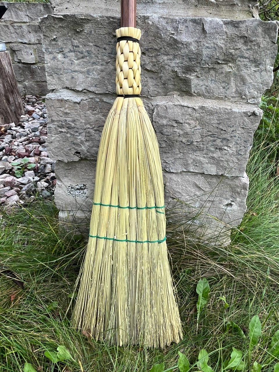 Handmade broomcorn broom on handmade solid Walnut round broomstick