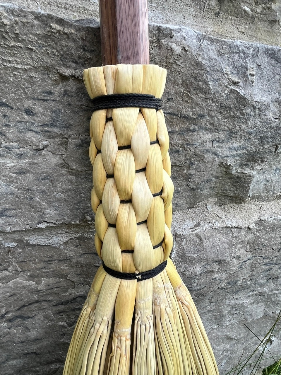 Handmade broomcorn broom on handmade solid Walnut round broomstick