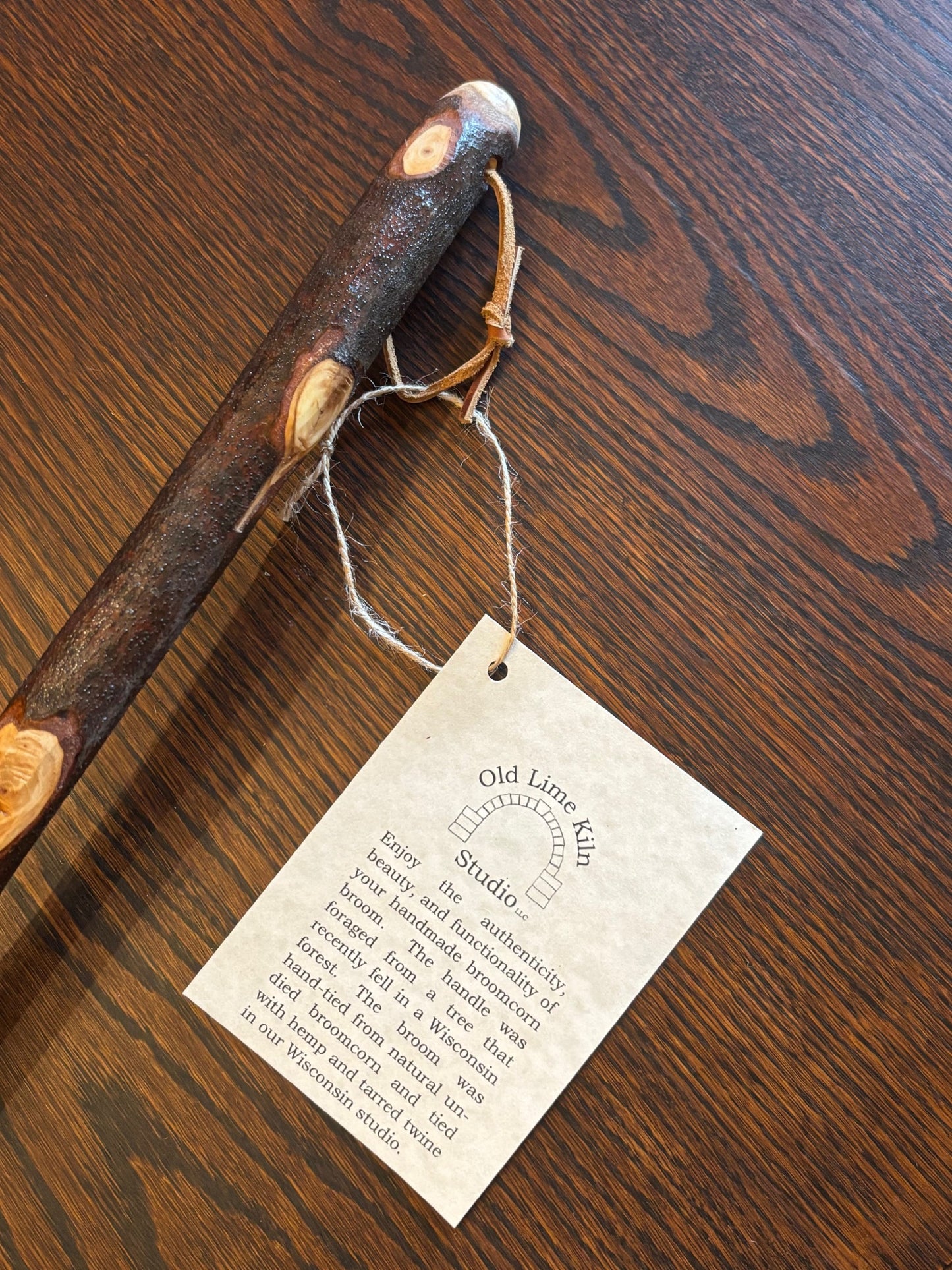 Handmade Broomcorn Cobweb Broom on a Tree Branch Broomstick