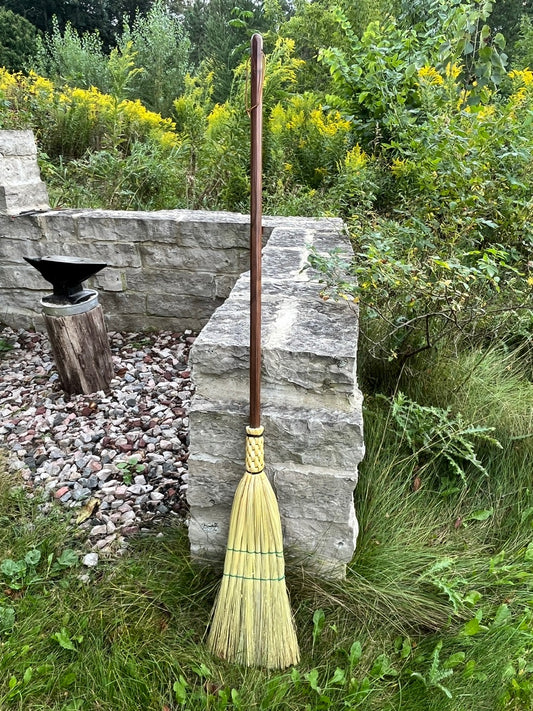 Handmade broomcorn broom on handmade solid Walnut octagonal broomstick