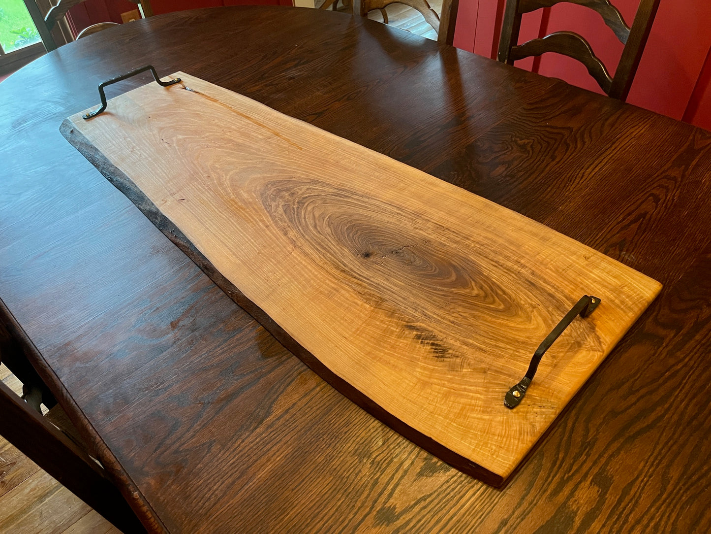 Extra-Large 52" Live Edge Ash Charcuterie Board with Blacksmithed Handles