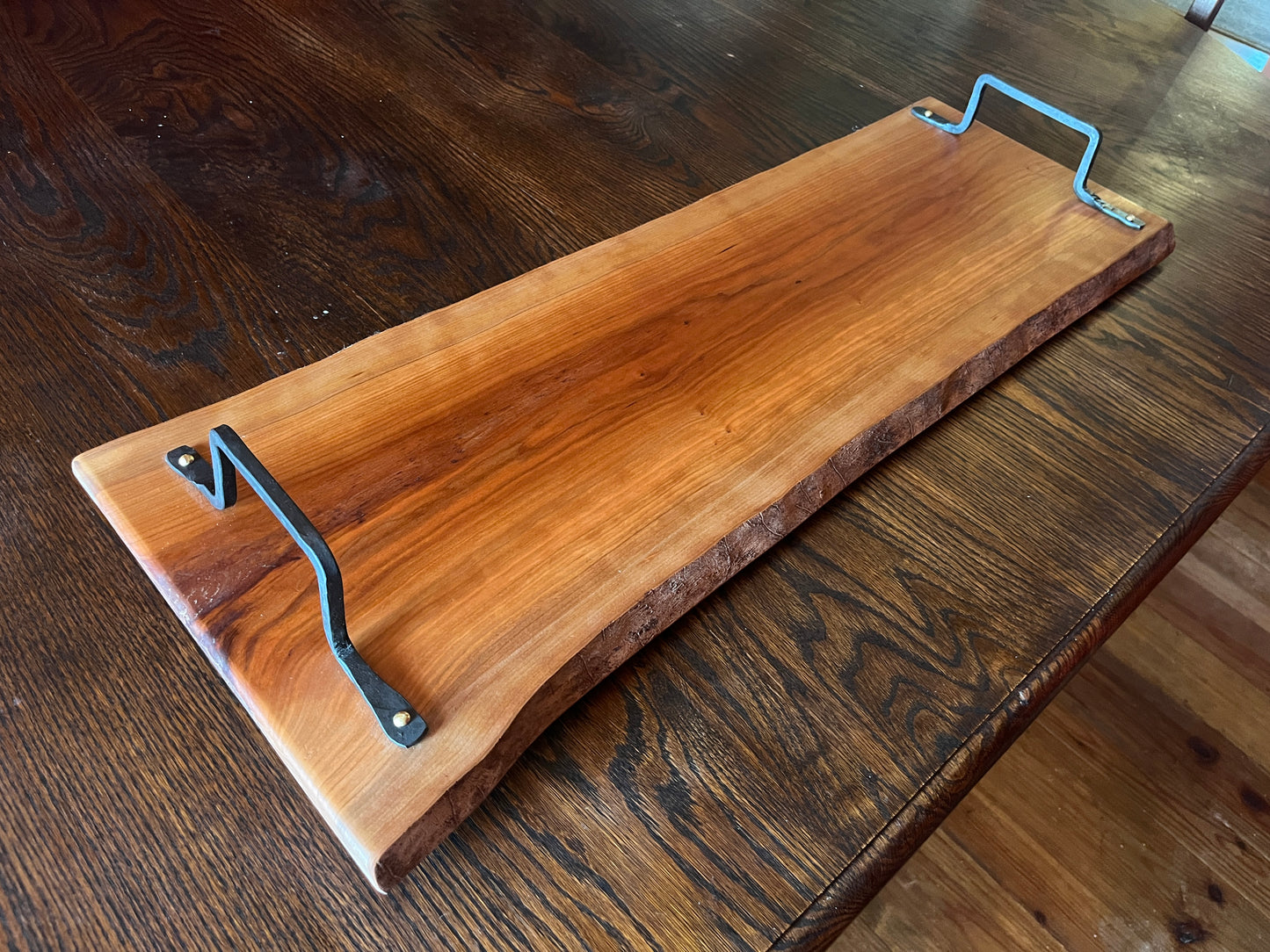 Extra Large 39" Rustic Luxury Charcuterie Board, Solid Cherry with Blacksmithed Handles