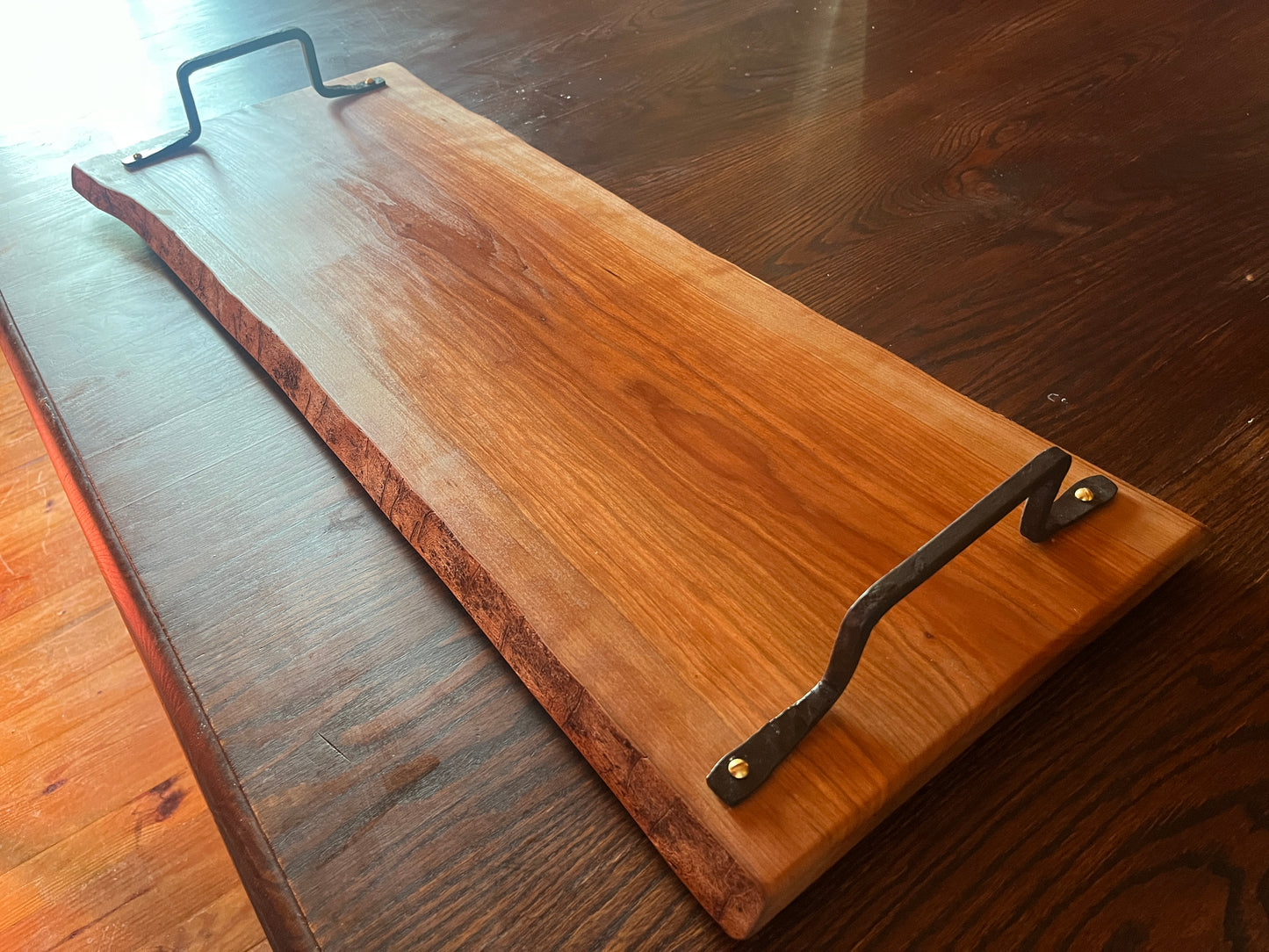 Extra Large 39" Rustic Luxury Charcuterie Board, Solid Cherry with Blacksmithed Handles